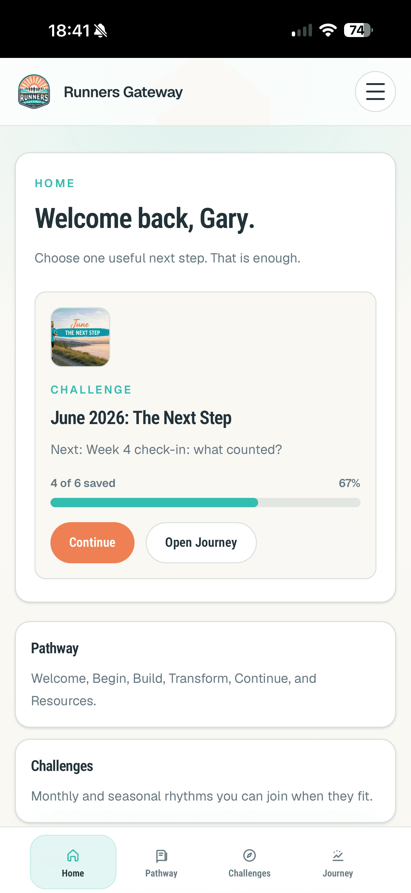 Runners Gateway mobile Home showing a monthly Challenge, Pathway, Challenges, and Journey navigation.